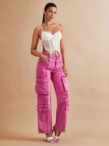 SHEIN BAE 翻蓋口袋工裝牛仔褲 - 粉色 - 查看 8