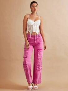 SHEIN BAE 翻蓋口袋工裝牛仔褲 - 粉色 - 查看 5