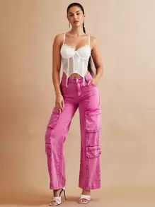 SHEIN BAE 翻蓋口袋工裝牛仔褲 - 粉色 - 查看 3