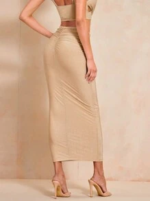 SHEIN BAE Váy nữ Xù màu trơn Giải trí - Màu be - Xem 2