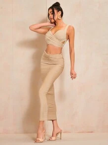 SHEIN BAE Váy nữ Xù màu trơn Giải trí - Màu be - Xem 3