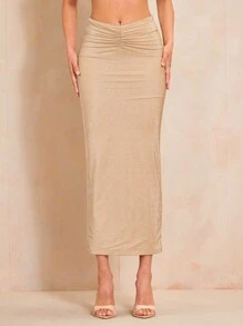 SHEIN BAE Váy nữ Xù màu trơn Giải trí - Màu be - Xem 5