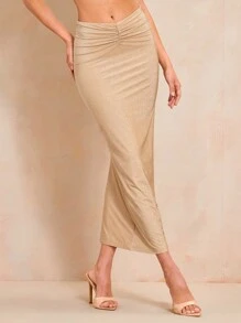 SHEIN BAE Váy nữ Xù màu trơn Giải trí - Màu be - Xem 6