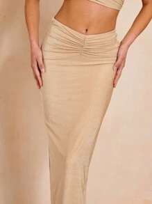 SHEIN BAE Váy nữ Xù màu trơn Giải trí - Màu be - Xem 7