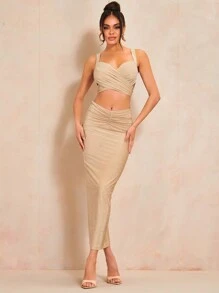 SHEIN BAE 交叉圍裹吊帶短上衣 - 杏色 - 查看 6