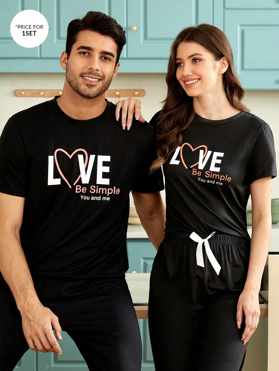 Men 1pc Letter Graphic Sleep Tee & 1pc Sleep Pants - Black - View 1