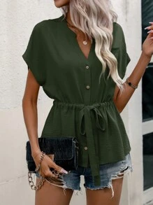 SHEIN Clasi tay cánh Eo dây rút Áo sơ mi - xanh quân đội - Xem 3