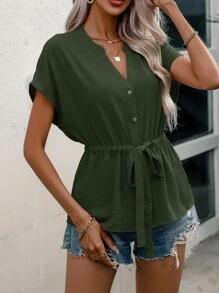 SHEIN Clasi tay cánh Eo dây rút Áo sơ mi - xanh quân đội - Xem 6