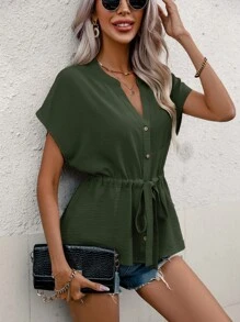 SHEIN Clasi tay cánh Eo dây rút Áo sơ mi - xanh quân đội - Xem 7