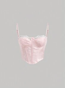 SHEIN MOD Jacquard Contrast Lace Corset Structure Cami Top - Baby Pink - View 1