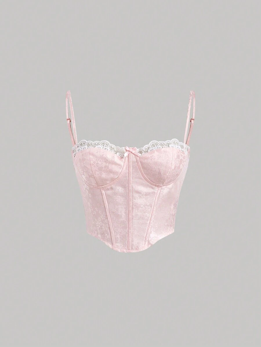 SHEIN MOD Jacquard Contrast Lace Corset Structure Cami Top - Baby Pink - View 1