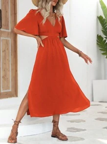 SHEIN VCAY Cut Out Waist Butterfly Sleeve Dress