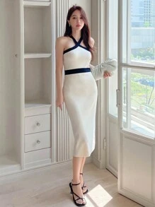 DAZY 拼接邊繞頸毛衣洋裝 - 米色 - 查看 1