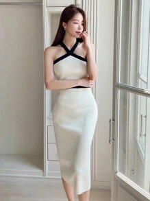 DAZY 拼接邊繞頸毛衣洋裝 - 米色 - 查看 2