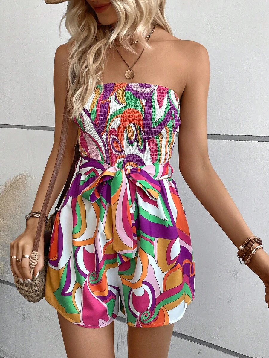 SHEIN LUNE Áo liền quần nữ Thắt lưng Dải chun Tất cả trên in Boho - Nhiều màu - Xem 1