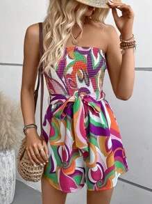 SHEIN LUNE Áo liền quần nữ Thắt lưng Dải chun Tất cả trên in Boho - Nhiều màu - Xem 4