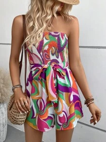 SHEIN LUNE Áo liền quần nữ Thắt lưng Dải chun Tất cả trên in Boho - Nhiều màu - Xem 5