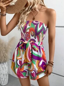 SHEIN LUNE Áo liền quần nữ Thắt lưng Dải chun Tất cả trên in Boho - Nhiều màu - Xem 6