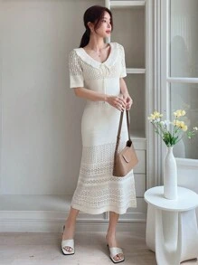 DAZY Tie Front Pointelle Knit Jumper Dress - Beige - View 1