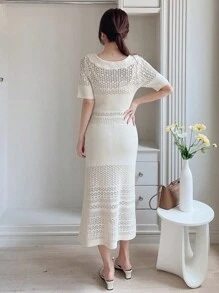 DAZY Tie Front Pointelle Knit Jumper Dress - Beige - View 2