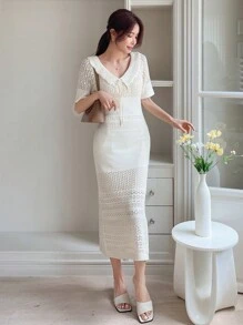 DAZY Tie Front Pointelle Knit Jumper Dress - Beige - View 3