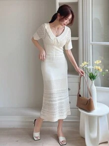 DAZY Tie Front Pointelle Knit Jumper Dress - Beige - View 4