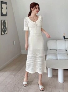 DAZY Tie Front Pointelle Knit Jumper Dress - Beige - View 6