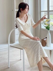 DAZY Tie Front Pointelle Knit Jumper Dress - Beige - View 8