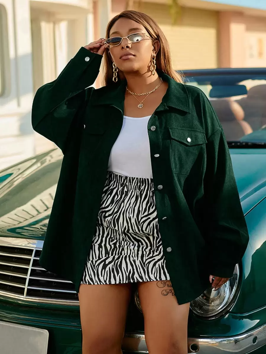 SHEIN LUNE Plus Size Women's Solid Color Drop Shoulder Long Sleeve Spring Casual Street Style Jacket Fall Winter Cloth For Women Autumn