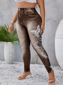 SHEIN LUNE Plus Denim-Effect Print & Butterfly Print Leggings - Brown - View 1