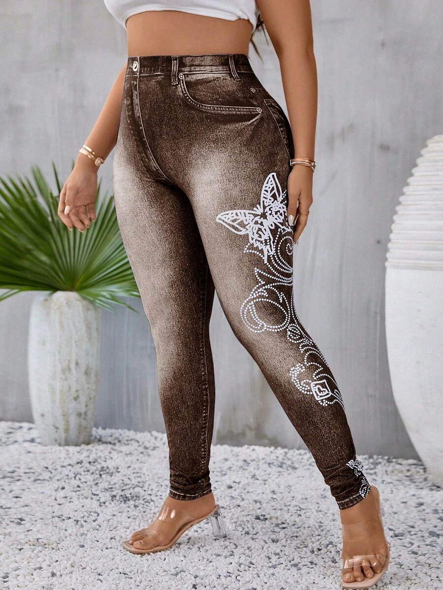 SHEIN LUNE Plus Denim-Effect Print & Butterfly Print Leggings - Brown - View 1
