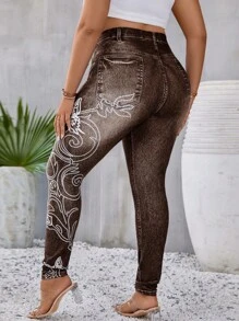 SHEIN LUNE Plus Denim-Effect Print & Butterfly Print Leggings - Brown - View 2