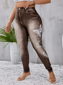 SHEIN LUNE Plus Denim-Effect Print & Butterfly Print Leggings - Brown - View 4