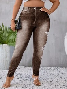 SHEIN LUNE Plus Denim-Effect Print & Butterfly Print Leggings - Brown - View 5