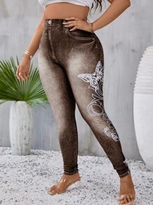 SHEIN LUNE Plus Denim-Effect Print & Butterfly Print Leggings - Brown - View 6