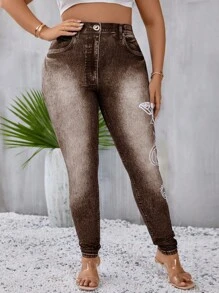 SHEIN LUNE Plus Denim-Effect Print & Butterfly Print Leggings - Brown - View 7