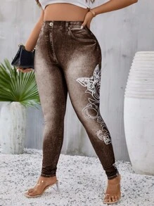 SHEIN LUNE Plus Denim-Effect Print & Butterfly Print Leggings - Brown - View 8