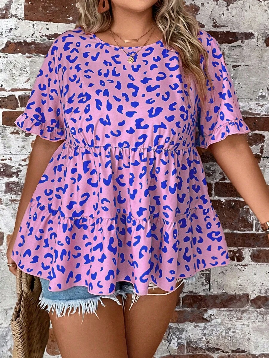 SHEIN Clasi 大碼滿版印花荷葉袖荷葉邊下擺襯衫 - 彩色 - 查看 1