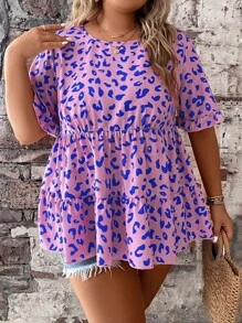 SHEIN Clasi 大碼滿版印花荷葉袖荷葉邊下擺襯衫 - 彩色 - 查看 3