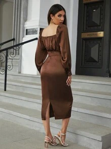 Eilly Bazar Vestido de cuello cuadrado pecho con fruncido de manga farol con abertura trasera de satén - Café integral - Ver 2