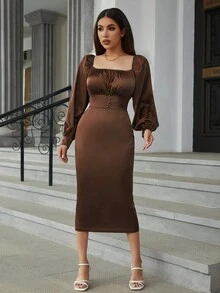 Eilly Bazar Vestido de cuello cuadrado pecho con fruncido de manga farol con abertura trasera de satén - Café integral - Ver 4