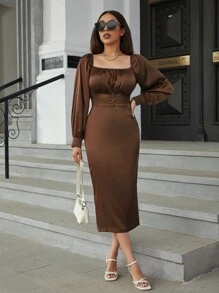 Eilly Bazar Vestido de cuello cuadrado pecho con fruncido de manga farol con abertura trasera de satén - Café integral - Ver 6