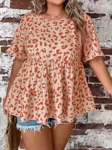 SHEIN Clasi 大碼滿版印花荷葉袖荷葉邊下擺襯衫 - 橘色 - 查看 1