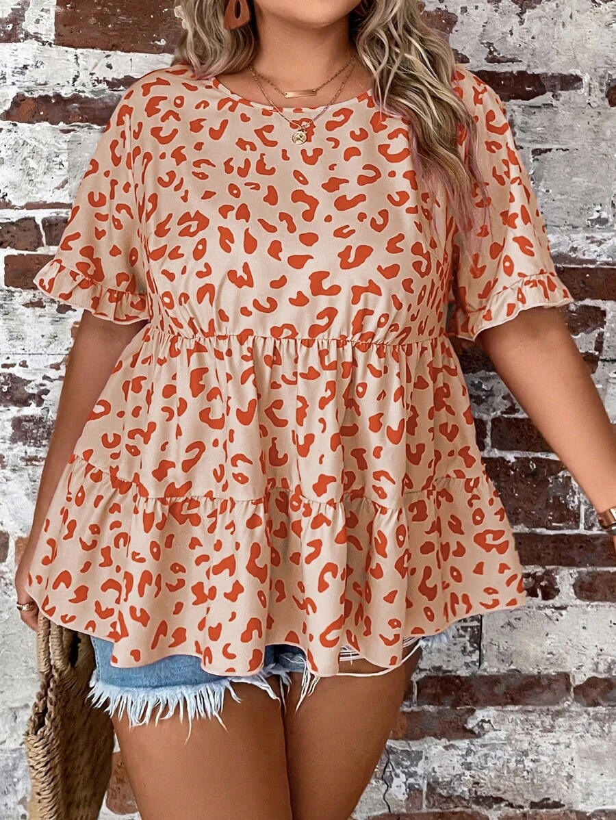 SHEIN Clasi 大碼滿版印花荷葉袖荷葉邊下擺襯衫 - 橘色 - 查看 1