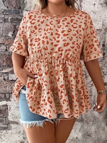 SHEIN Clasi 大碼滿版印花荷葉袖荷葉邊下擺襯衫 - 橘色 - 查看 3