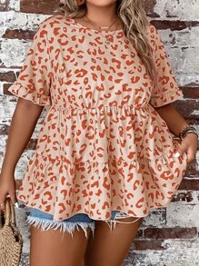 SHEIN Clasi 大碼滿版印花荷葉袖荷葉邊下擺襯衫 - 橘色 - 查看 4