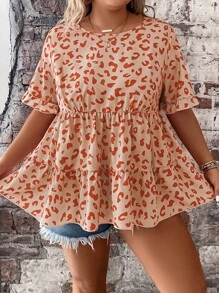 SHEIN Clasi 大碼滿版印花荷葉袖荷葉邊下擺襯衫 - 橘色 - 查看 6