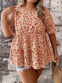 SHEIN Clasi 大碼滿版印花荷葉袖荷葉邊下擺襯衫 - 橘色 - 查看 7