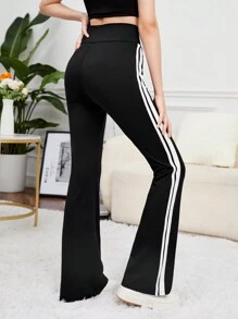SHEIN 青少女時尚編織拼接鈴型褲,雙織帶裝飾,適合休閒穿著 - 黑色 - 查看 2