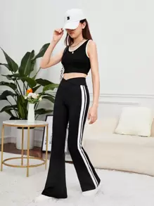 SHEIN 青少女時尚編織拼接鈴型褲,雙織帶裝飾,適合休閒穿著 - 黑色 - 查看 3
